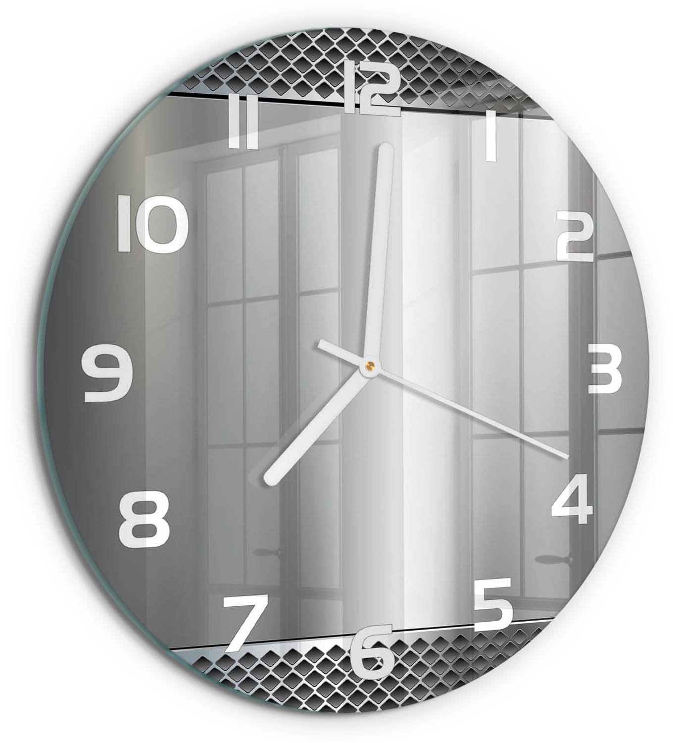 TULUP Wandklok - Metalen achtergrond Glazen Wandklok Design - fi30 cm - Zilver Klok Glas Met Opdruk - Witte handen - Ronde Klok - Wandklok Glas Met Motief - Decoratieve Glazen Klok