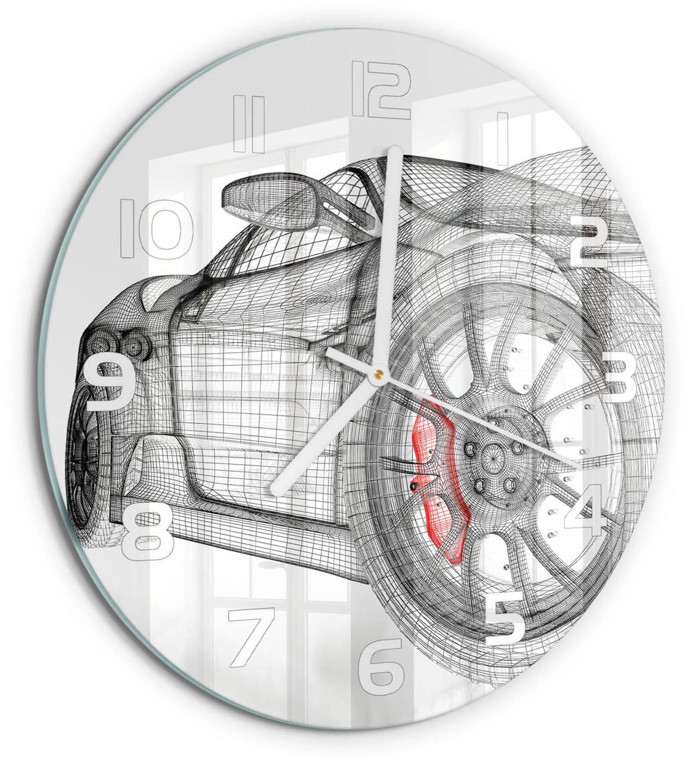 TULUP Wandklok - Autogrille Glazen Klok Met Print - fi30 cm - Rood Wandklok Glas Met Motief - Witte handen - Ronde Klok - Wandklok Glas Decoratie - Gekleurde Glazen Klok