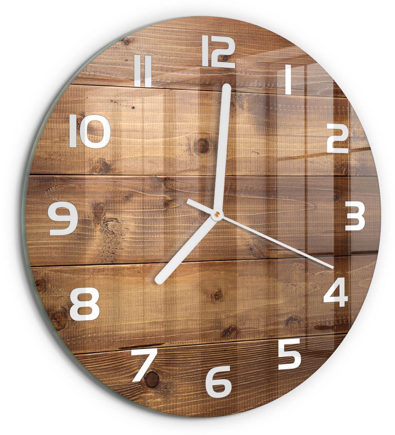 TULUP Wandklok - Houten achtergrond Decoratieve Glazen Klok - fi30 cm - Bruin Glazen Wandklok Design - Witte handen - Ronde Klok - Glazen Klok Met Print - Wandklok Glas Met Motief