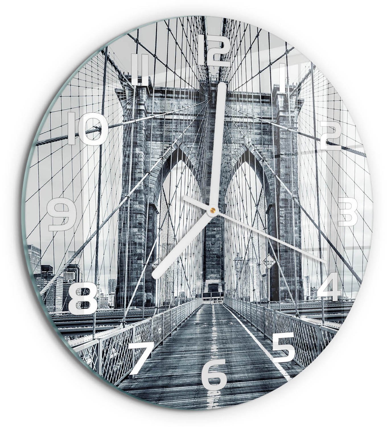 TULUP Wandklok - Brooklynbrug Glazen Wandklok Design - fi30 cm - Zwart-wit Klok Glas Met Opdruk - Witte handen - Ronde Klok - Wandklok Glas Met Motief - Decoratieve Glazen Klok