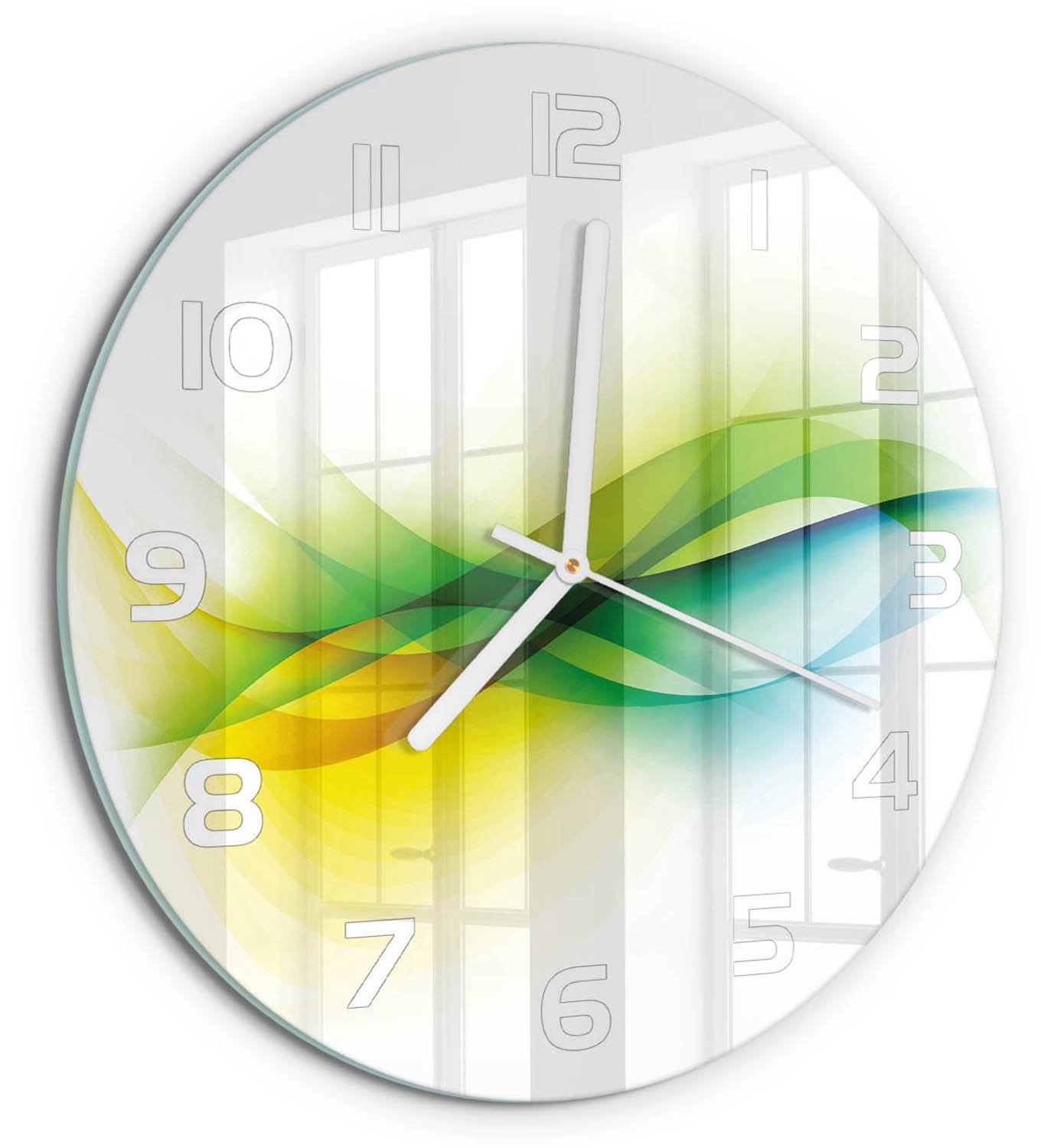 TULUP Wandklok - Golfabstractie Wandklok Glas Decoratie - fi30 cm - Veelkleurig Gekleurde Glazen Klok - Witte handen - Ronde Klok - Klok Glas Met Opdruk - Moderne Wandklok Glas