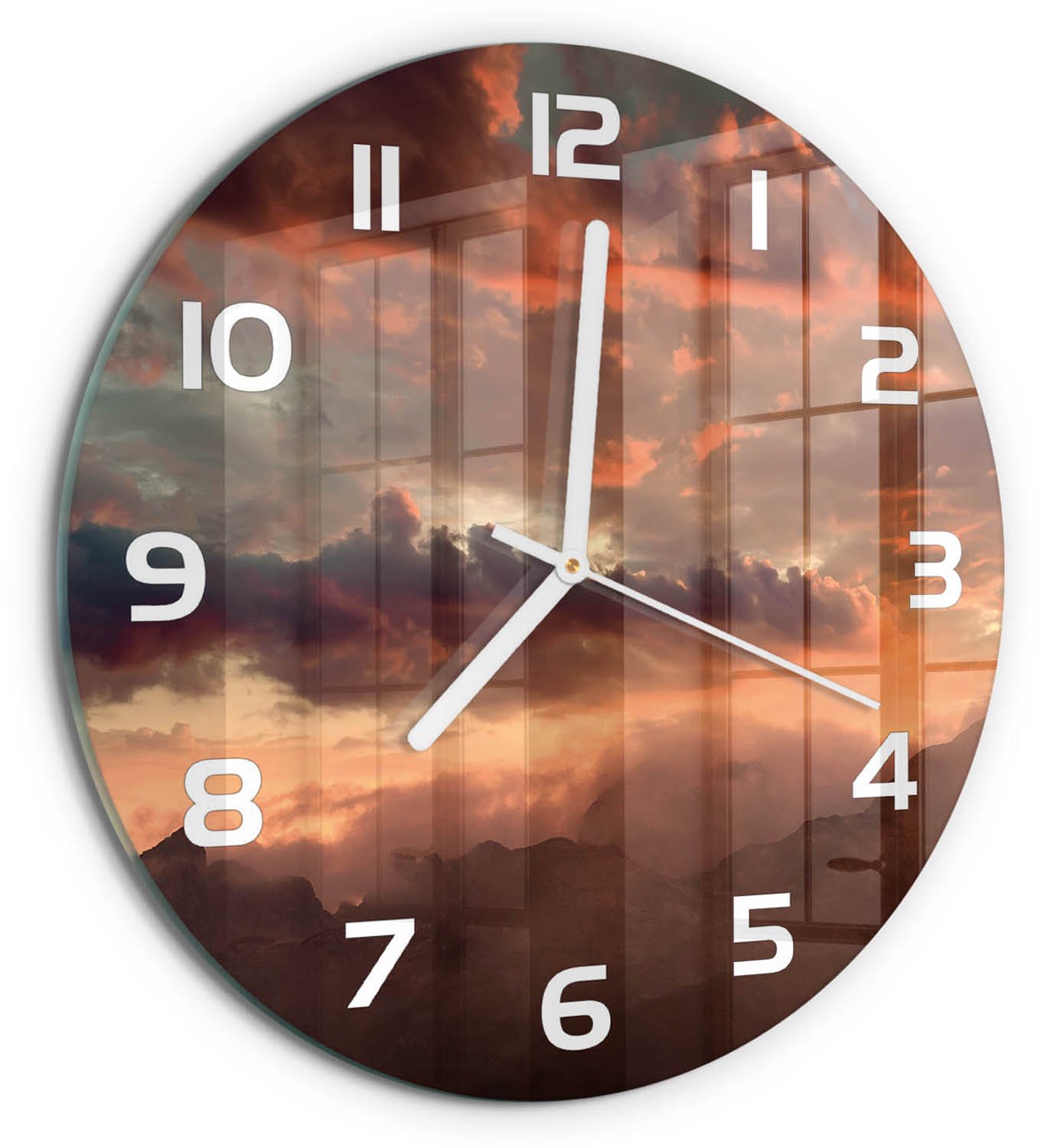 TULUP Wandklok - Bergen bij zonsondergang Glazen Klok Met Print - fi30 cm - Oranje Wandklok Glas Met Motief - Witte handen - Ronde Klok - Wandklok Glas Decoratie - Gekleurde Glazen Klok