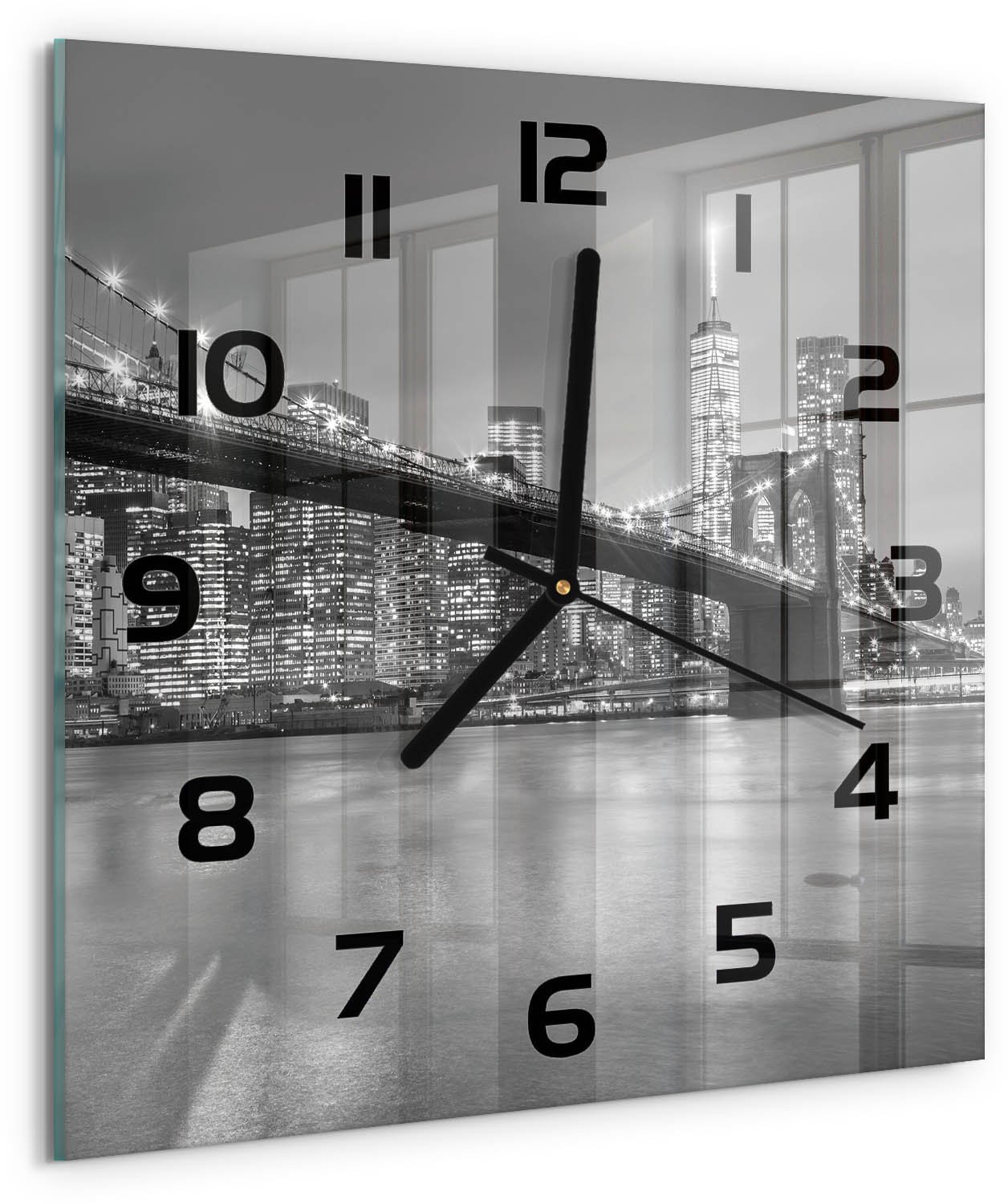 Tulup Wandklok - New York 's nachts Gekleurde Glazen Klok - 30x30 cm - Zwart-wit Glazen Klok Met Print - Zwarte handen - Vierkante Klok - Moderne Wandklok Glas - Wandklok Glas Decoratie