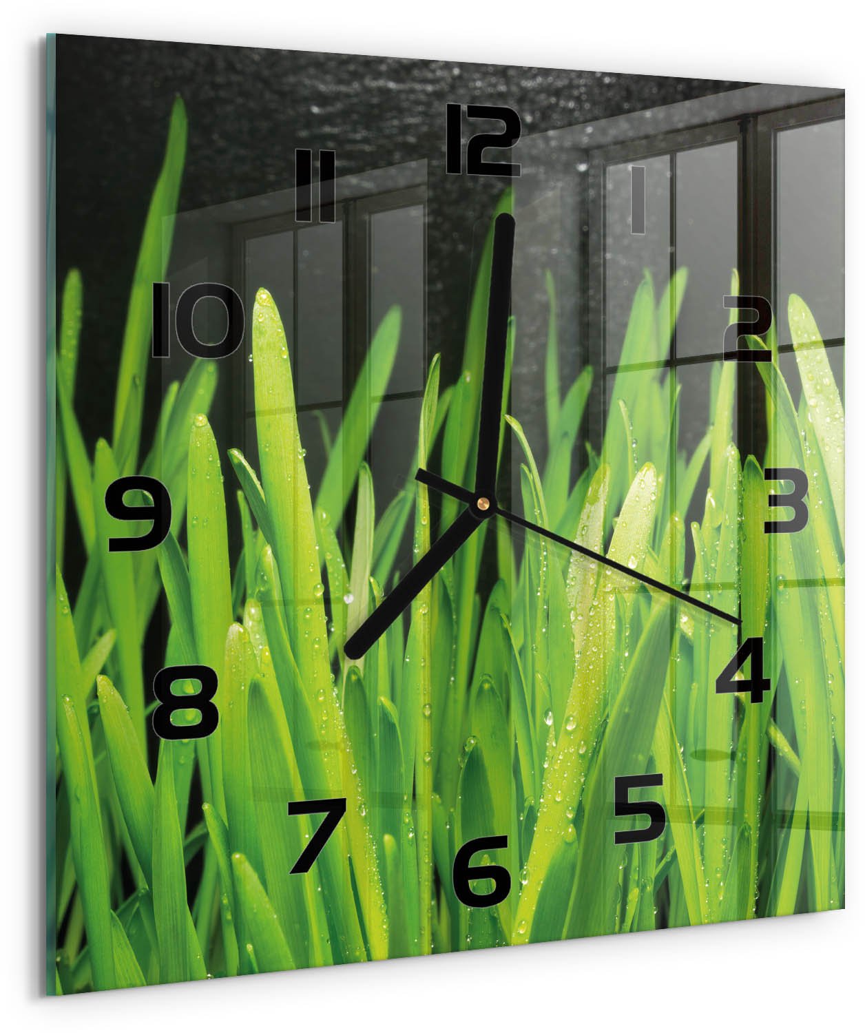 TULUP Wandklok - Gras Klok Glas Met Opdruk - 30x30 cm - Groente Moderne Wandklok Glas - Zwarte handen - Vierkante Klok - Decoratieve Glazen Klok - Glazen Wandklok Design