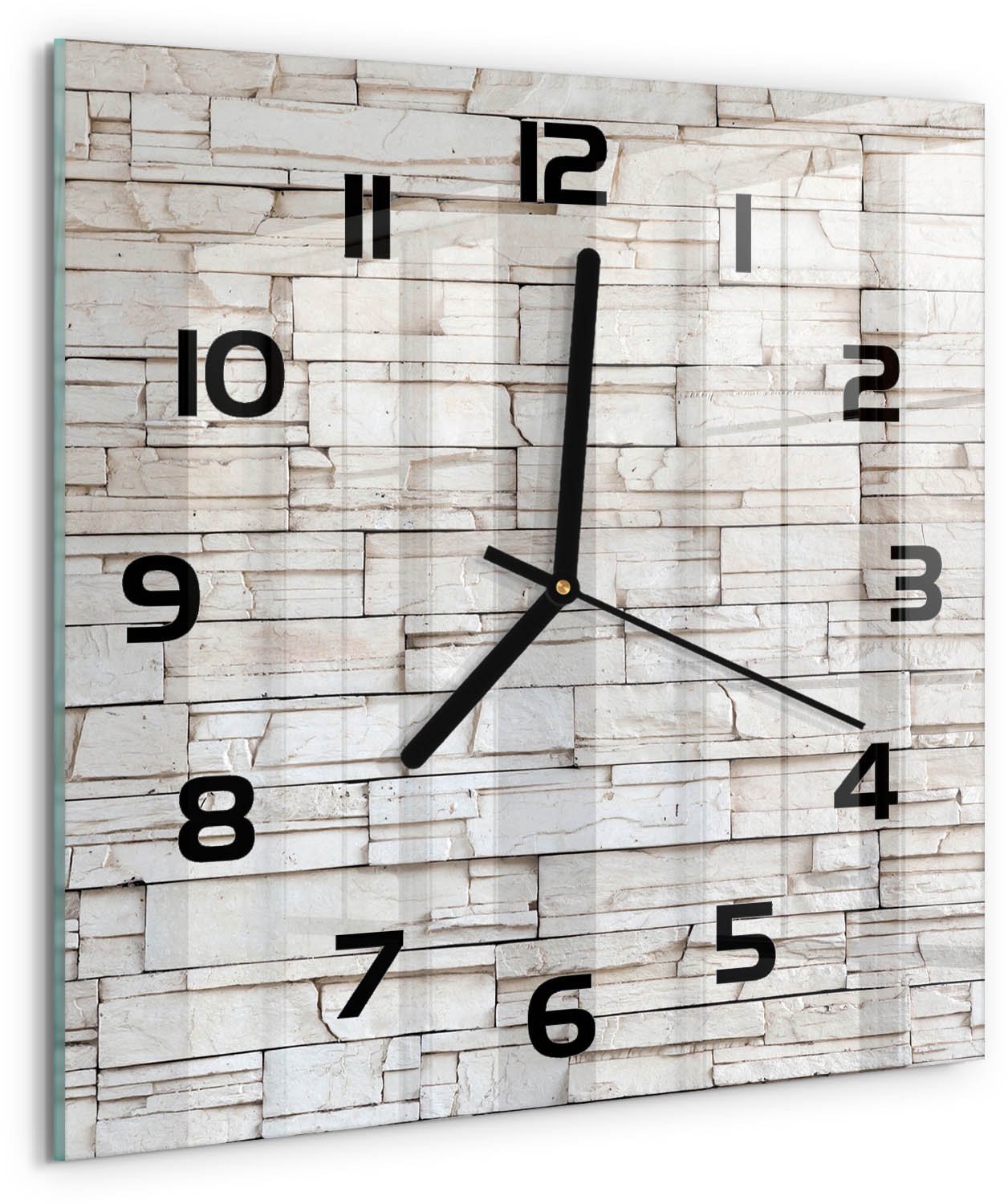 TULUP Wandklok - Witte stenen muur Glazen Klok Met Print - 30x30 cm - Wit Wandklok Glas Met Motief - Zwarte handen - Vierkante Klok - Wandklok Glas Decoratie - Gekleurde Glazen Klok