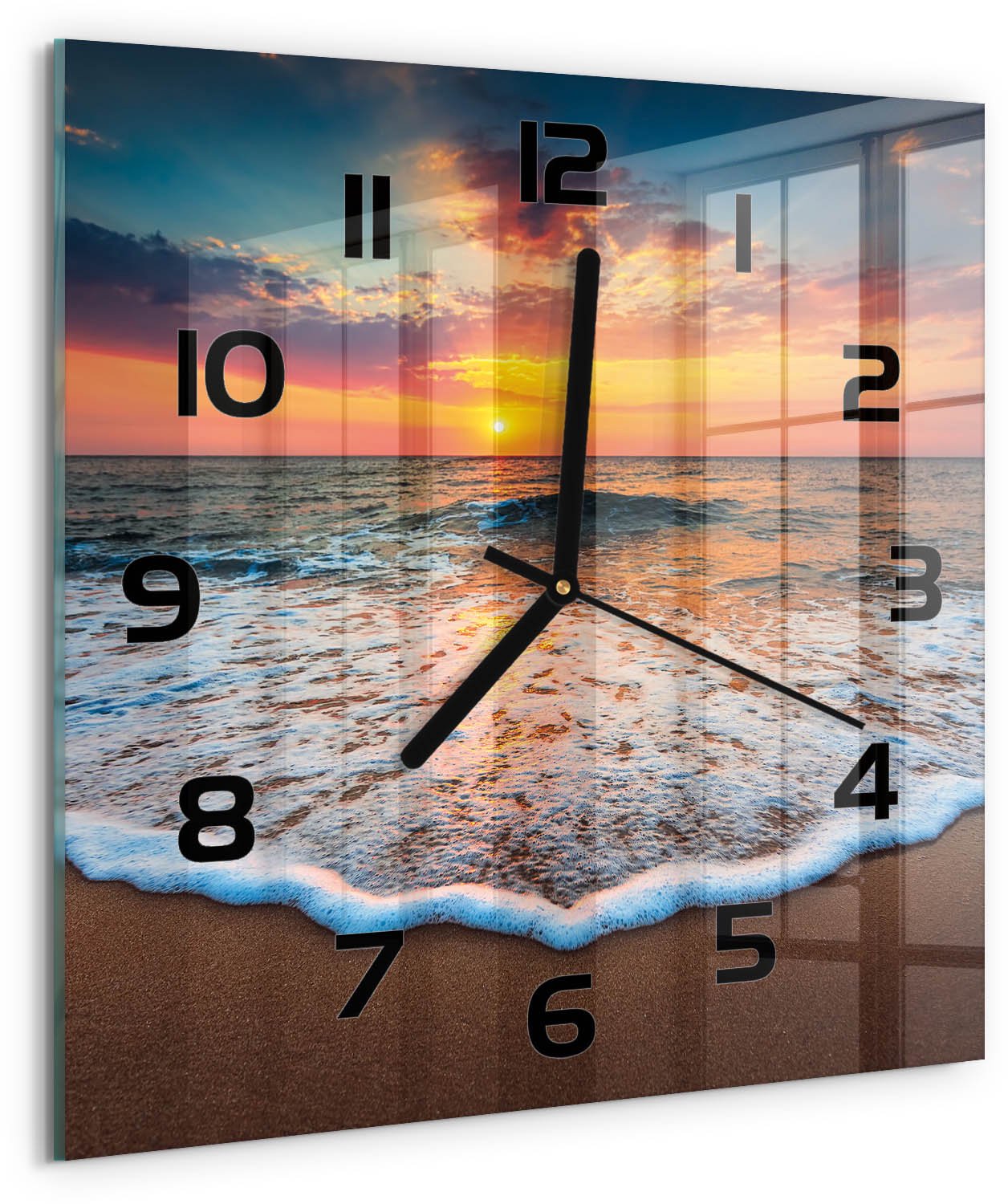 Tulup Wandklok - Zonsondergang op zee Wandklok Glas Met Motief - 30x30 cm - Oranje Decoratieve Glazen Klok - Zwarte handen - Vierkante Klok - Gekleurde Glazen Klok - Glazen Klok Met Print