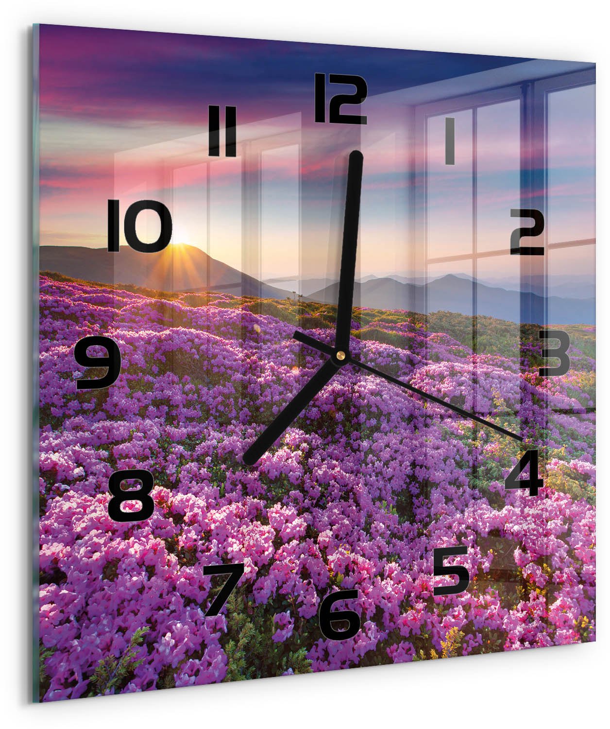 TULUP Wandklok - Bloemen in de bergen Moderne Wandklok Glas - 30x30 cm - Paars Wandklok Glas Decoratie - Zwarte handen - Vierkante Klok - Glazen Wandklok Design - Klok Glas Met Opdruk