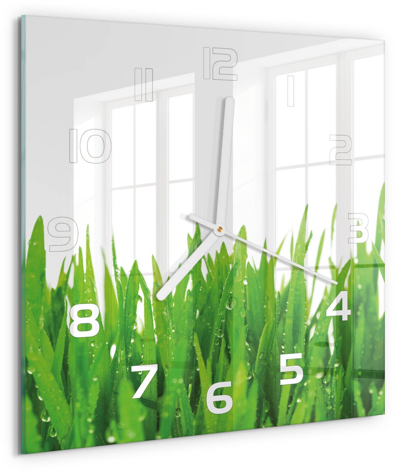 Tulup Wandklok - Gras Gekleurde Glazen Klok - 30x30 cm - Groente Glazen Klok Met Print - Witte handen - Vierkante Klok - Moderne Wandklok Glas - Wandklok Glas Decoratie
