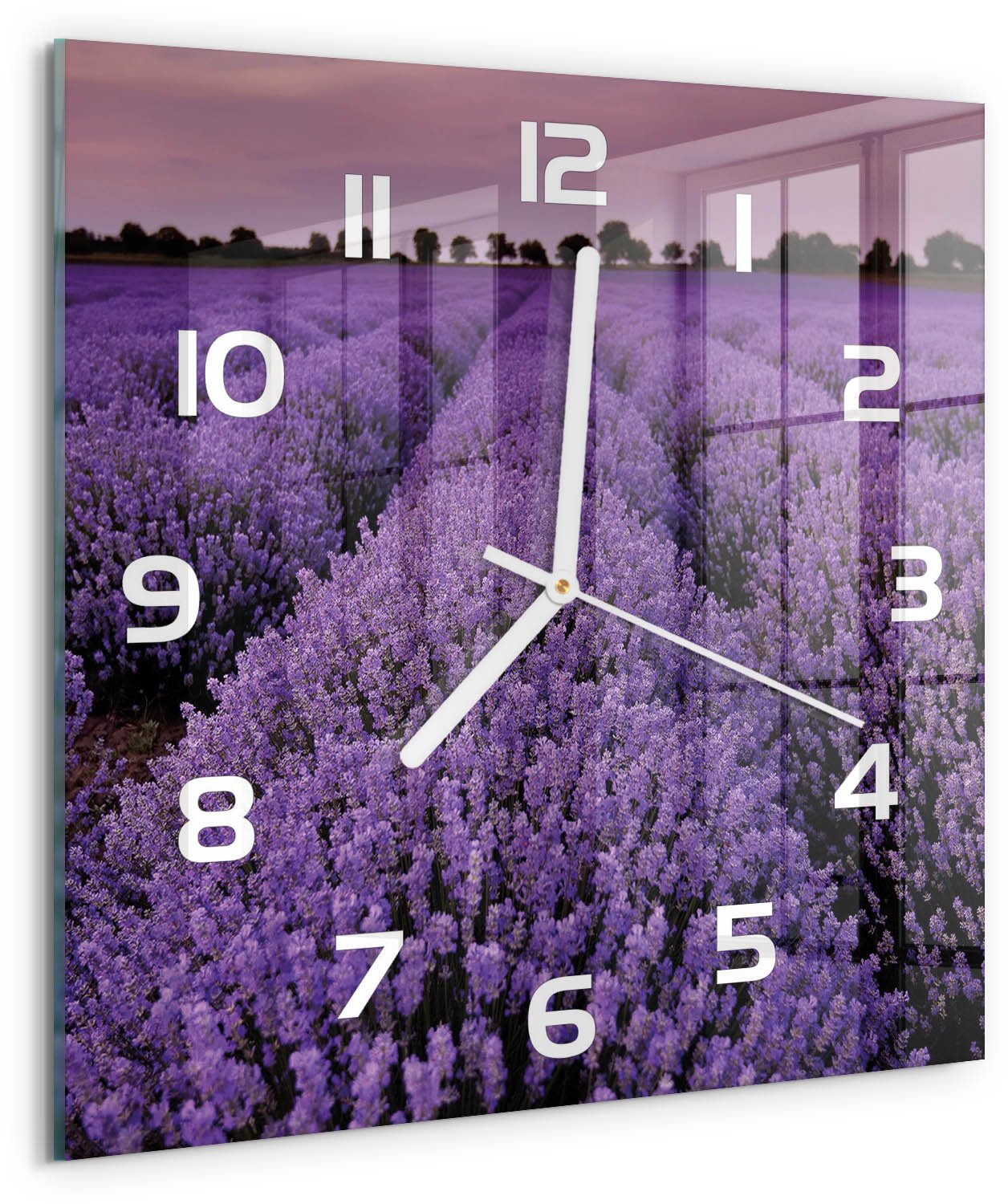 Tulup Wandklok - Lavendelveld Glazen Klok Met Print - 30x30 cm - Paars Wandklok Glas Met Motief - Witte handen - Vierkante Klok - Wandklok Glas Decoratie - Gekleurde Glazen Klok