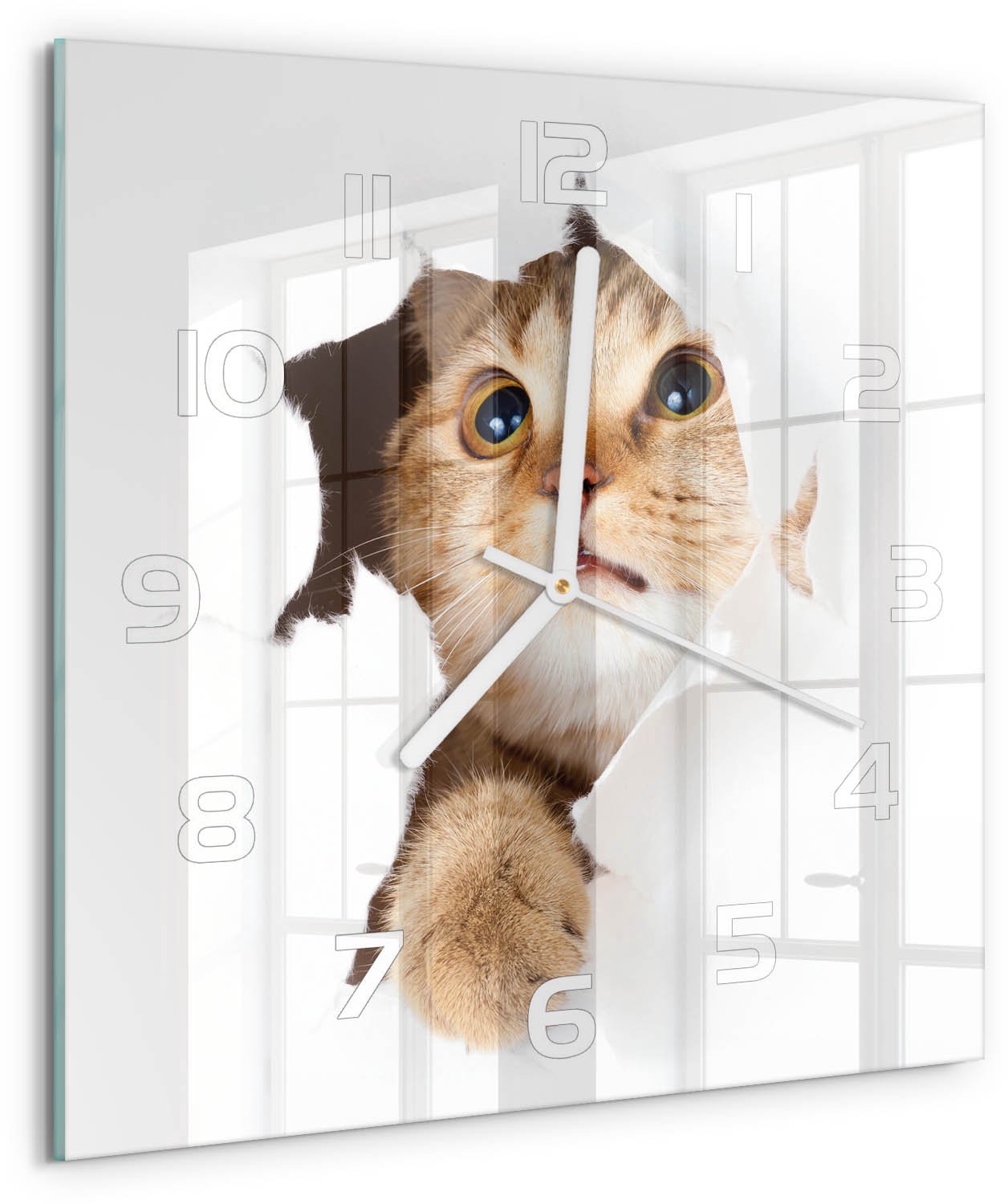 Tulup Wandklok - Kat in het gat Wandklok Glas Decoratie - 30x30 cm - Beige Gekleurde Glazen Klok - Witte handen - Vierkante Klok - Klok Glas Met Opdruk - Moderne Wandklok Glas