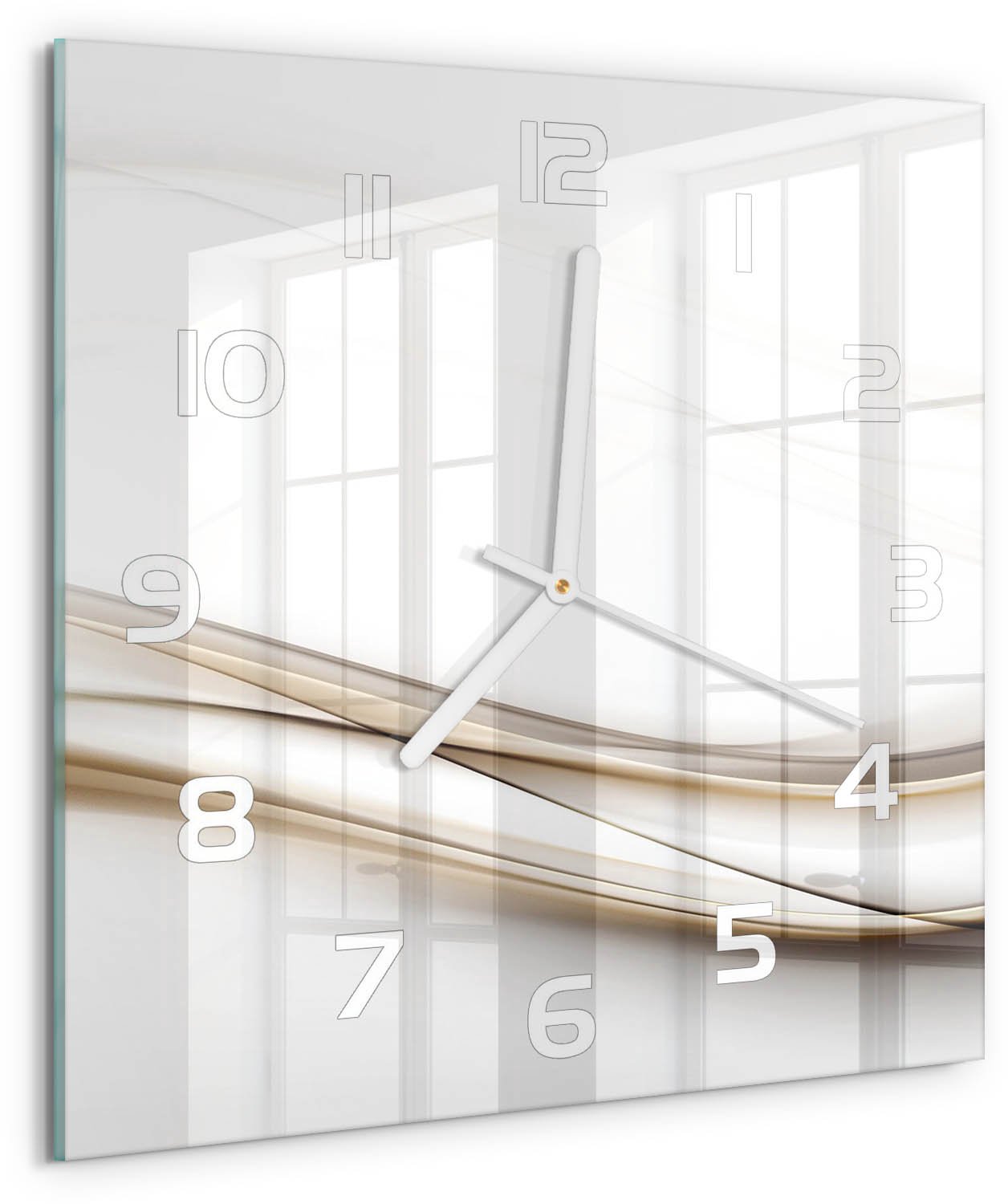 Tulup Wandklok - Golfabstractie Gekleurde Glazen Klok - 30x30 cm - Beige Glazen Klok Met Print - Witte handen - Vierkante Klok - Moderne Wandklok Glas - Wandklok Glas Decoratie