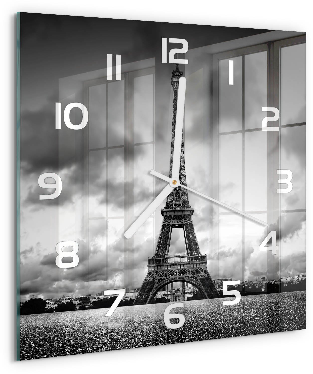 TULUP Wandklok - Eiffeltoren Parijs Decoratieve Glazen Klok - 30x30 cm - Zwart-wit Glazen Wandklok Design - Witte handen - Vierkante Klok - Glazen Klok Met Print - Wandklok Glas Met Motief