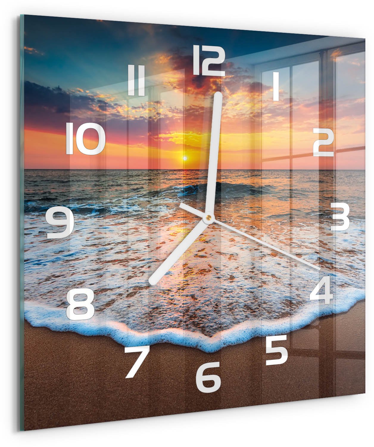 Tulup Wandklok - Zonsondergang op zee Wandklok Glas Decoratie - 30x30 cm - Oranje Gekleurde Glazen Klok - Witte handen - Vierkante Klok - Klok Glas Met Opdruk - Moderne Wandklok Glas