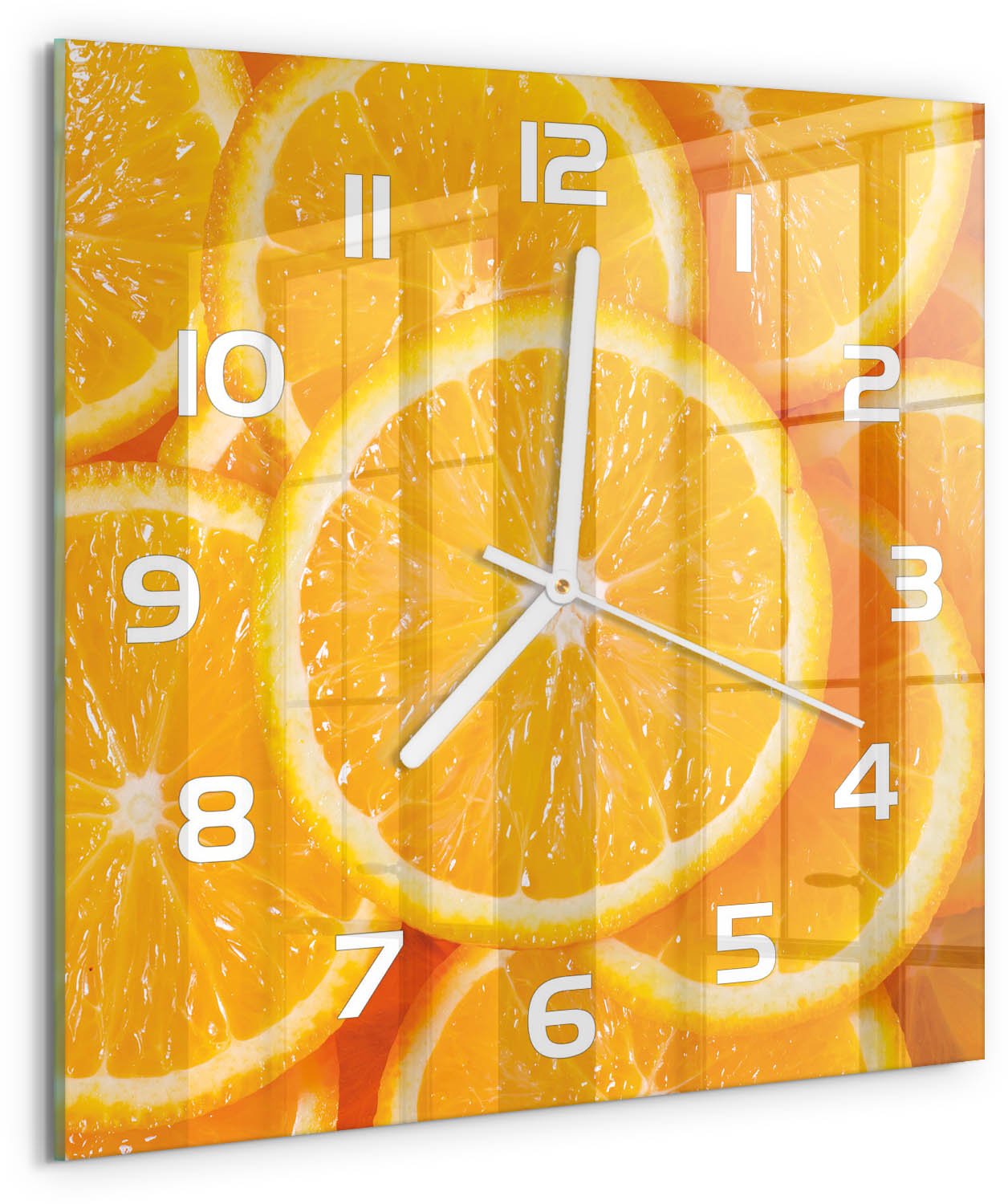 Tulup Wandklok - Sinaasappelschijfjes Decoratieve Glazen Klok - 30x30 cm - Oranje Glazen Wandklok Design - Witte handen - Vierkante Klok - Glazen Klok Met Print - Wandklok Glas Met Motief