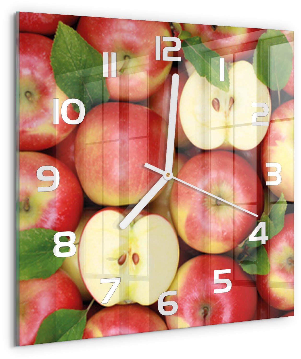 Tulup Wandklok - Appels Glazen Wandklok Design - 30x30 cm - Rood Klok Glas Met Opdruk - Witte handen - Vierkante Klok - Wandklok Glas Met Motief - Decoratieve Glazen Klok