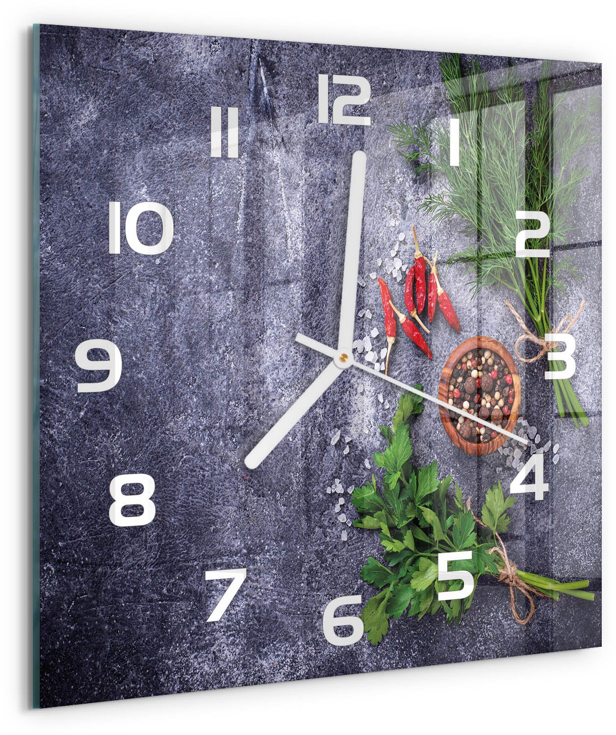 Tulup Wandklok - Kruiden en specerijen Wandklok Glas Met Motief - 30x30 cm - Groente Decoratieve Glazen Klok - Witte handen - Vierkante Klok - Gekleurde Glazen Klok - Glazen Klok Met Print