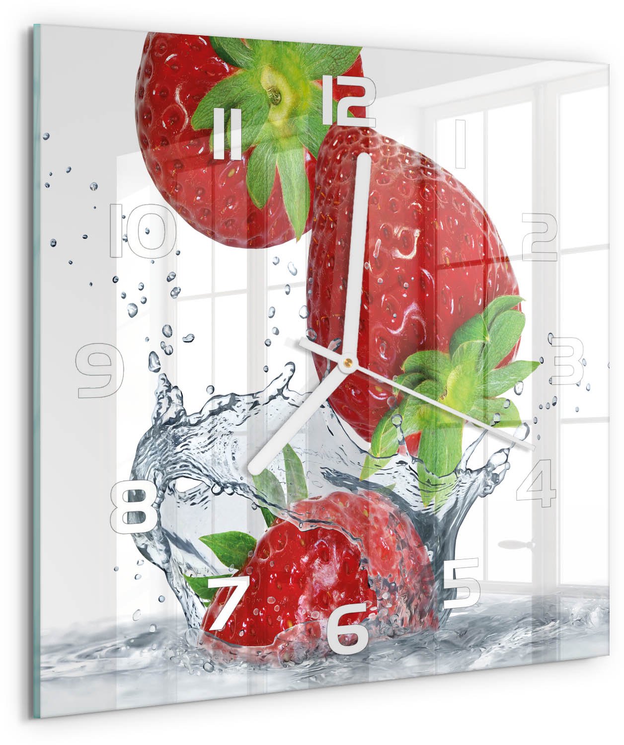 Tulup Wandklok - Aardbeien en water Decoratieve Glazen Klok - 30x30 cm - Rood Glazen Wandklok Design - Witte handen - Vierkante Klok - Glazen Klok Met Print - Wandklok Glas Met Motief