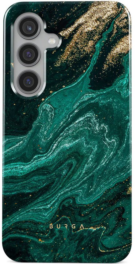 Telefoonhoesje met een luxe smaragdgroen marmerdesign met gouden spikkels en het BURGA-logo onderaan.