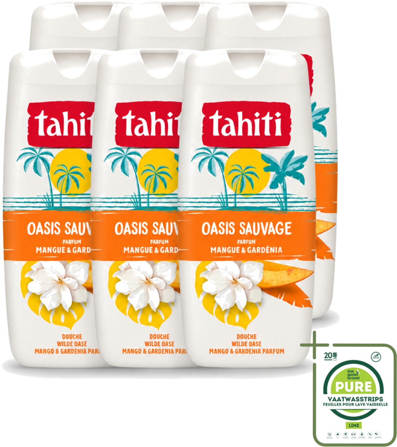 6 x Tahiti - Douchegel - Wilde Oase - Mango & Gardenia - 315 ml - Grootverpakking - Vaatwasstrips - Douchegel - Mango - Gardenia - Tropisch - Geur