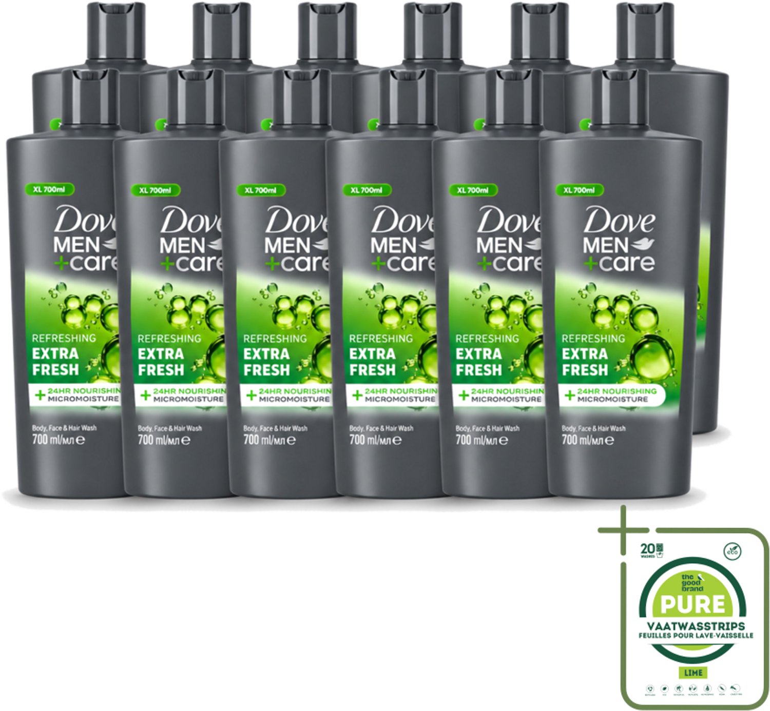 12 x Dove Men+Care - Extra Fresh - Douchegel 3-in-1 - Verzorgend - 700 ml - Grootverpakking - Vaatwasstrips - Douchegel Voor Mannen - Verfrissende Douche - Hydraterende Douche - Gezichtsproduct Voor Mannen - Haarproduct Voor Mannen