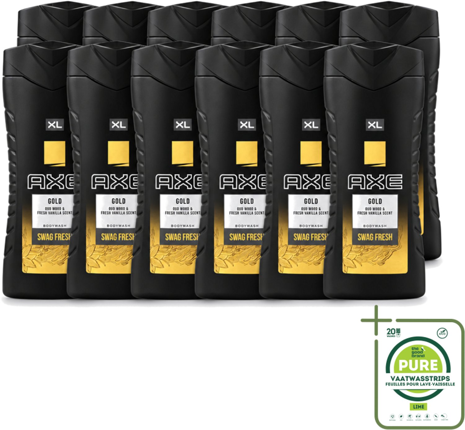 12 x Axe XL - Douchegel - Gold - Oud Wood & Fresh Vanilla - Swag Fresh - 400 ml - Grootverpakking - Vaatwasstrips - Douchegel - Geur - Frisheid - Oud Hout - Verse Vanille
