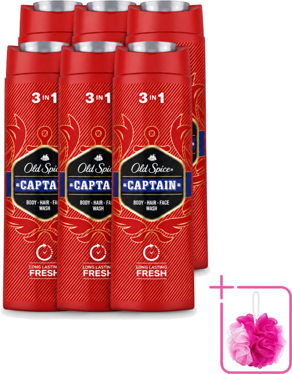 6 x Old Spice – Douchegel – Captain – 400 ml - Bulkverpakking - Douchegel voor mannen - Douchemop - Gezichtsreiniging