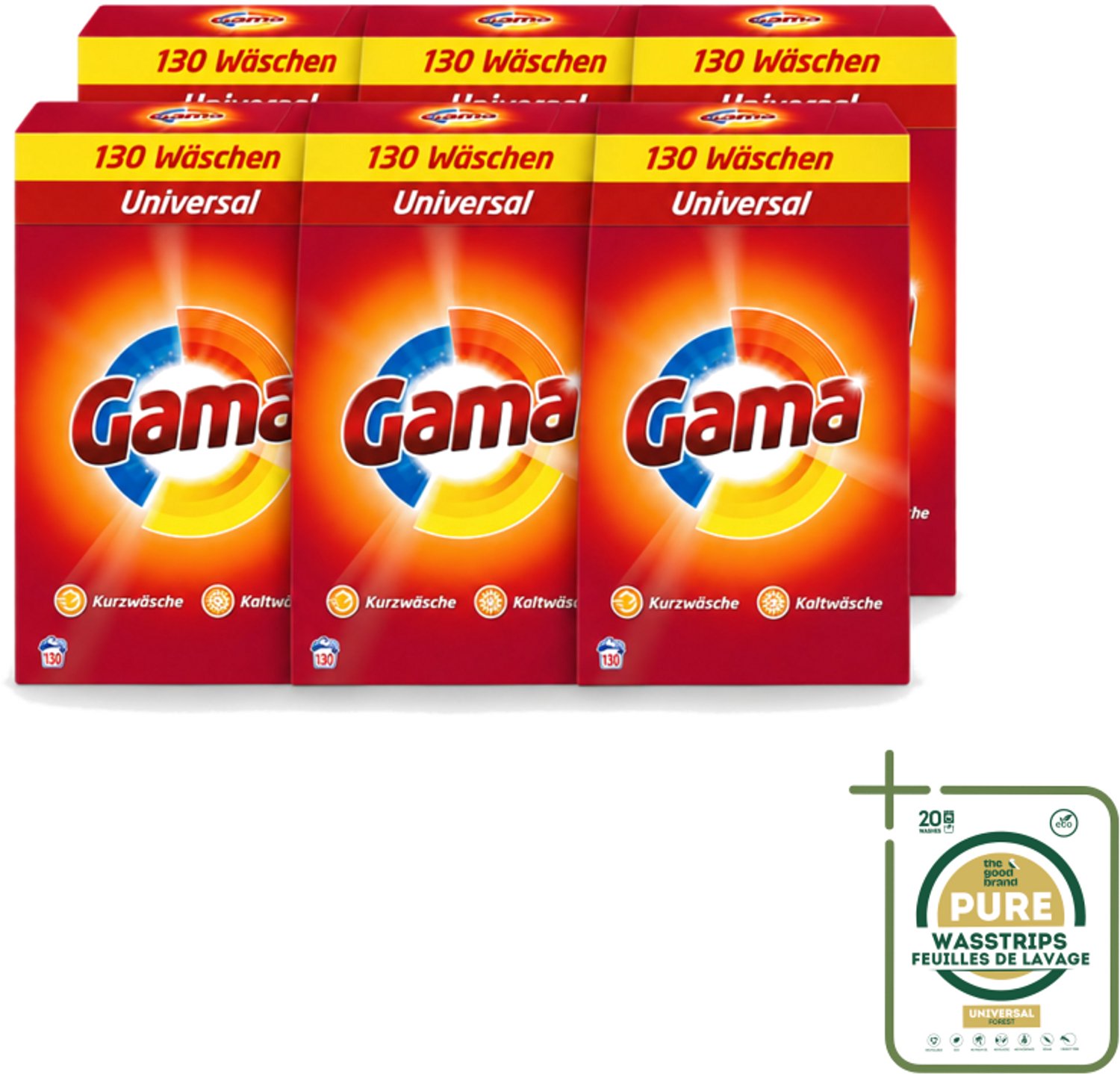 6 x Gama - 3-in-1 Waspoeder - Universal - Voor Alle Kleuren - 130 Wasbeurten - Wasstrips - Waspoeder - Wasbeurten - Wasmachine - Kleurenbeschermer - Vlekkenverwijderer