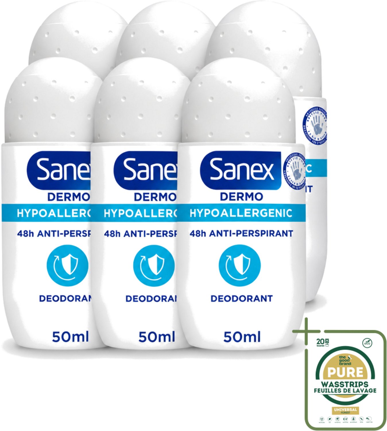 6 x Sanex Dermo - Deodorant Roller - Hypoallergeen - 48h Anti-Transpirant - 50 ml - Wasstrips - Deodorant Roller - Hypoallergeen Deodorant - 48h Bescherming - Transpiratie Bescherming - Lichaamsgeur Bestrijding