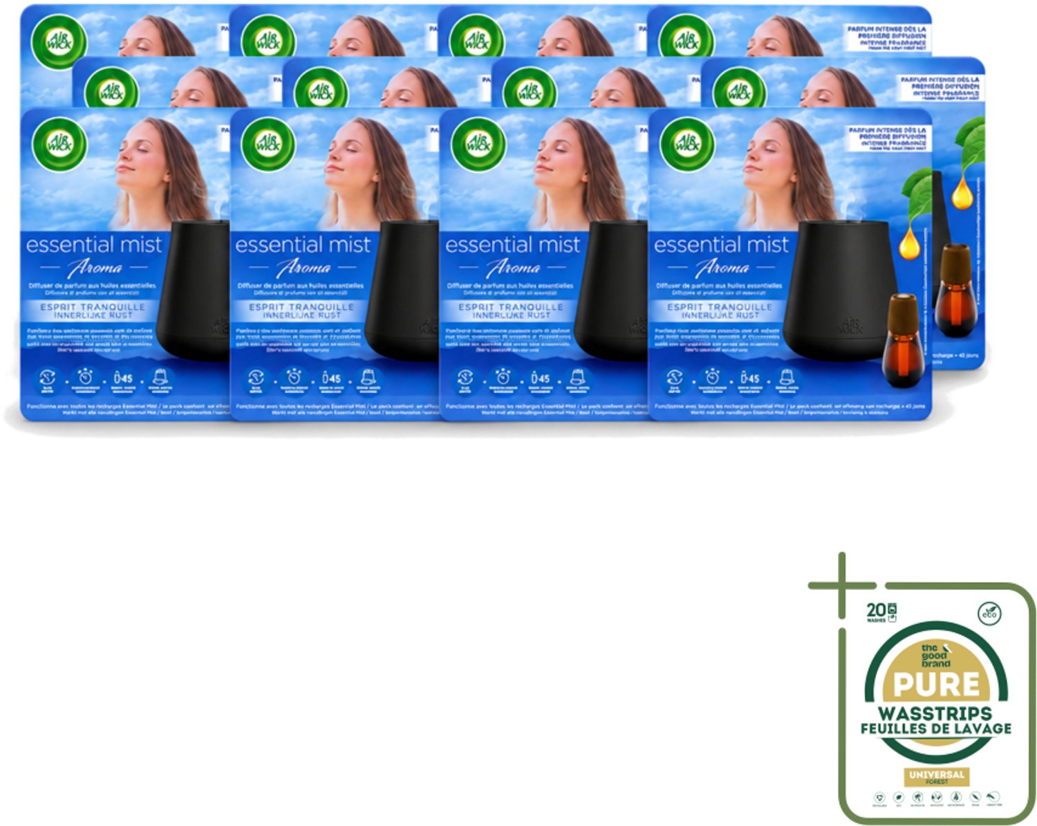 12 x Air Wick Essential Mist - Automatische Luchtverfrisser Kit - Innerlijke Rust - Eucalyptus & Lavendel - Wasstrips - Luchtverfrisser - Aromatherapie - Eucalyptus - Lavendel - Rustgevende Geur