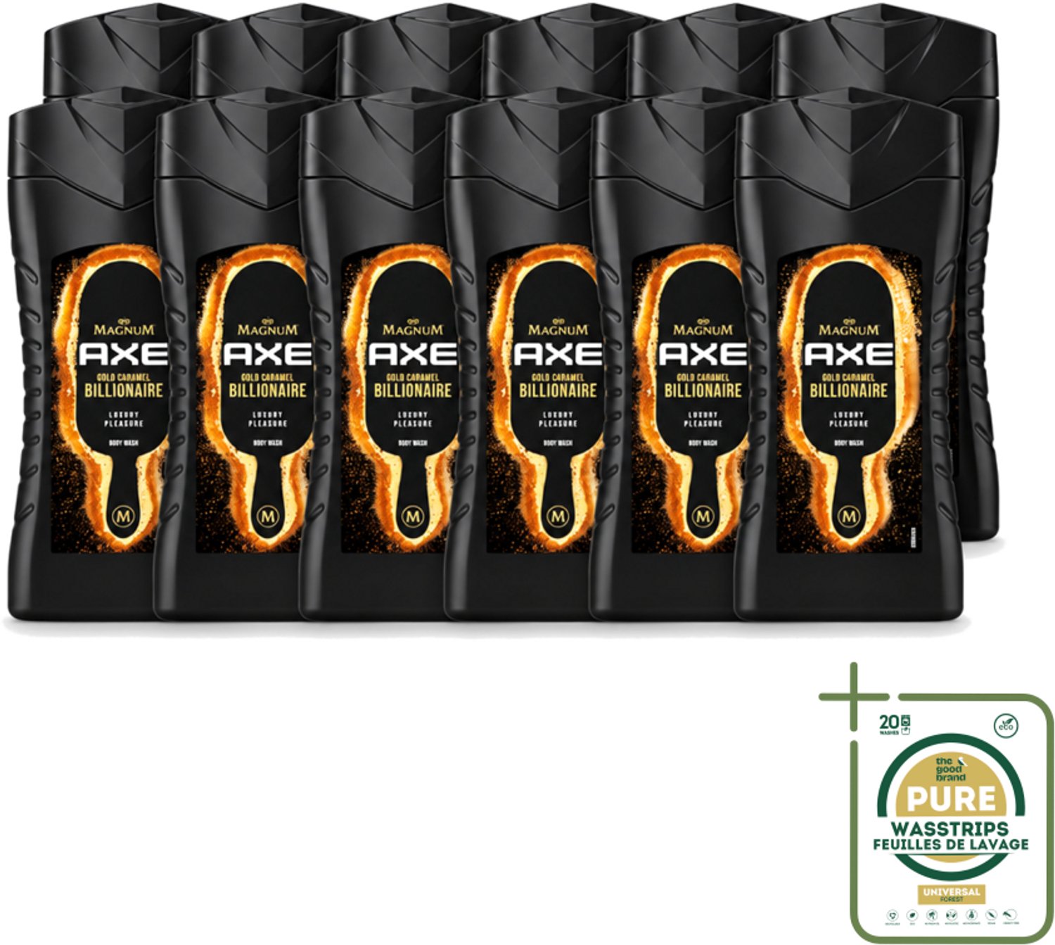 12 x Axe X Magnum - Douchegel - Gold Caramel Billionaire - 250 ml - Wasstrips - Douchegel - Lichaam - Gezicht - Haar - Chocolade