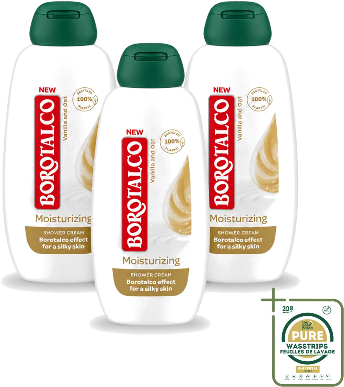 3 x Borotalco - Douchegel - Moisturizing - Vanilla & Oat - 250 ml - Wasstrips - Douchegel - Huid Verzorgen - Huid Hydrateren - Vanille Geur - Haver Extract