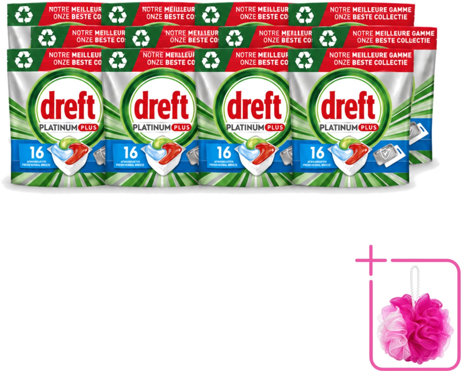 12 x Dreft Platinum Plus - All In One - Vaatwascapsules - Fresh Herbal Breeze - 16 Afwasbeurten - Bulkverpakking - Vaatwassen - Vaatwassen capsule