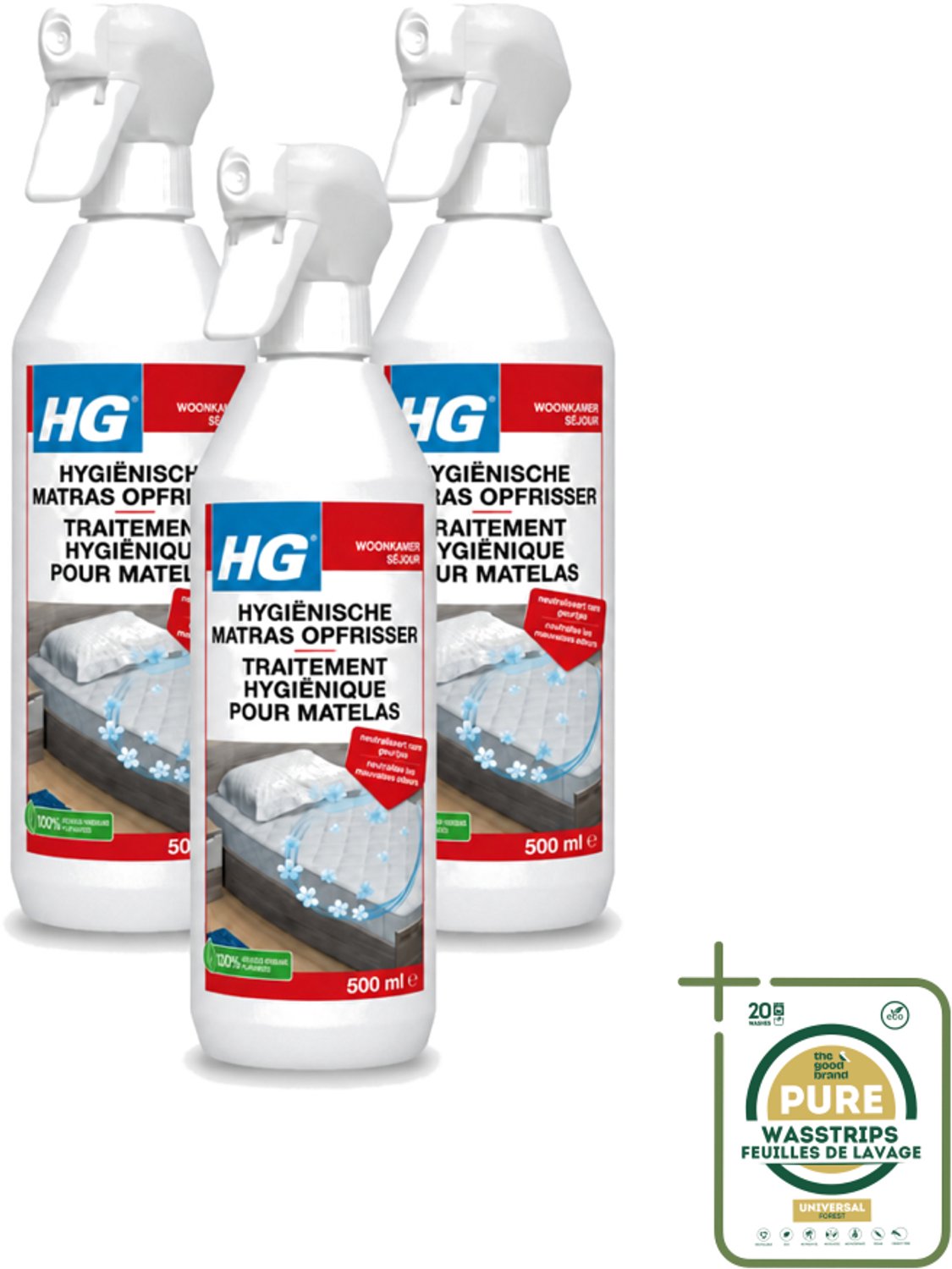3 x HG - Hygiënische Matras Opfrisser - Werkt Na 30 Minuten - Neutraliseert Nare Geurtjes - 500 ml - Wasstrips - Matrasopfrisser - Hygiëne - Geur Verwijderen - Matras Reinigen - Enzymen