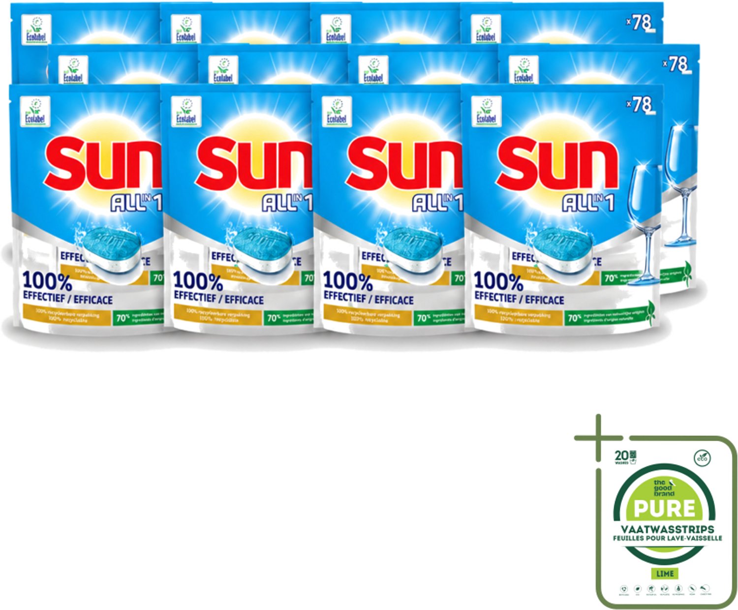 12 x Sun All-in-1 - Eco Label - Vaatwastabletten - 78 Tabletten - Grootverpakking - Vaatwasstrips - Vaatwastabletten - Milieuvriendelijke Vaatwas - Eco Label - Vaatwasser Tabletten - Vet Verwijderen