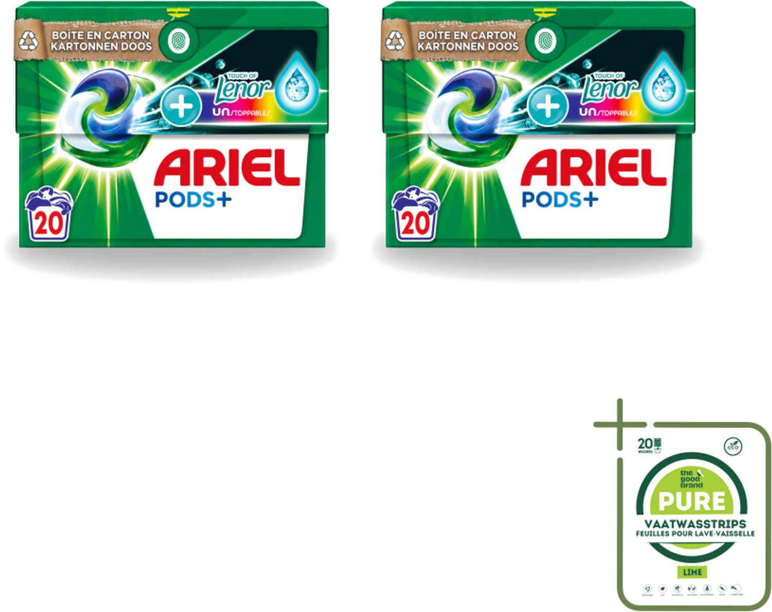 2 x Ariel Original - Touch of Lenor Unstoppables - Wasmiddelcapsules - Pods+ - Gekleurde Was - 20 Wasbeurten - Grootverpakking - Vaatwasstrips - Wasmiddel Capsules - Gekleurde Was - Frisse Geur - Koud Water Was - Vlekverwijdering