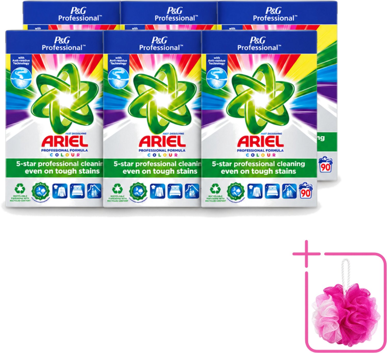 6 x Ariel Professional - Waspoeder - Gekleurde Was - 90 Wasbeurten - Bulkverpakking - Kleurverzorging - Douchemop - Waspoeder