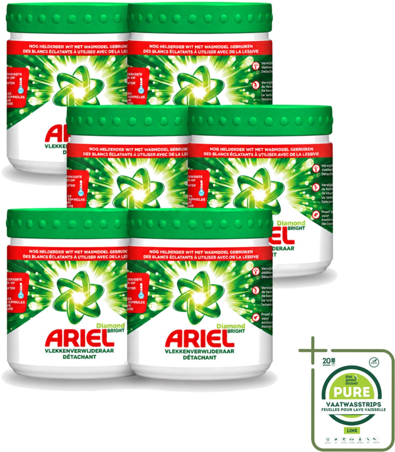 6 x Ariel Diamond Bright - Vlekverwijderaar Poeder - Witte Was - 30 Wasbeurten - Grootverpakking - Vaatwasstrips - Vlekverwijderaar - Witte Was - Koud Water - Vlekken Verwijderen - Waspoeder