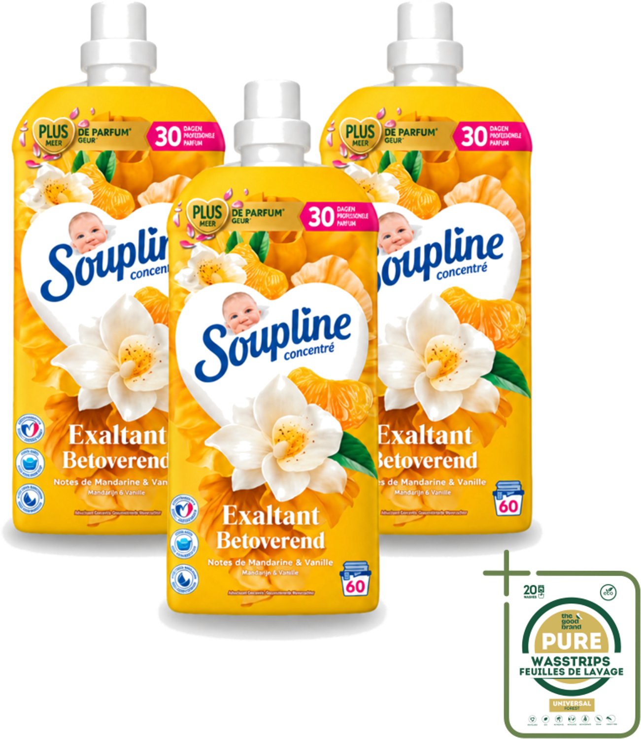 3 x Soupline – Wasverzachter – Betoverend Mandarijn & Vanille – 1,28 L - Wasstrips - Wasverzachter - Wasverzachter Mandarijn En Vanille - Wasverzachter Betoverend - Wasverzachter Voor Kleding - Wasverzachter Voor Was