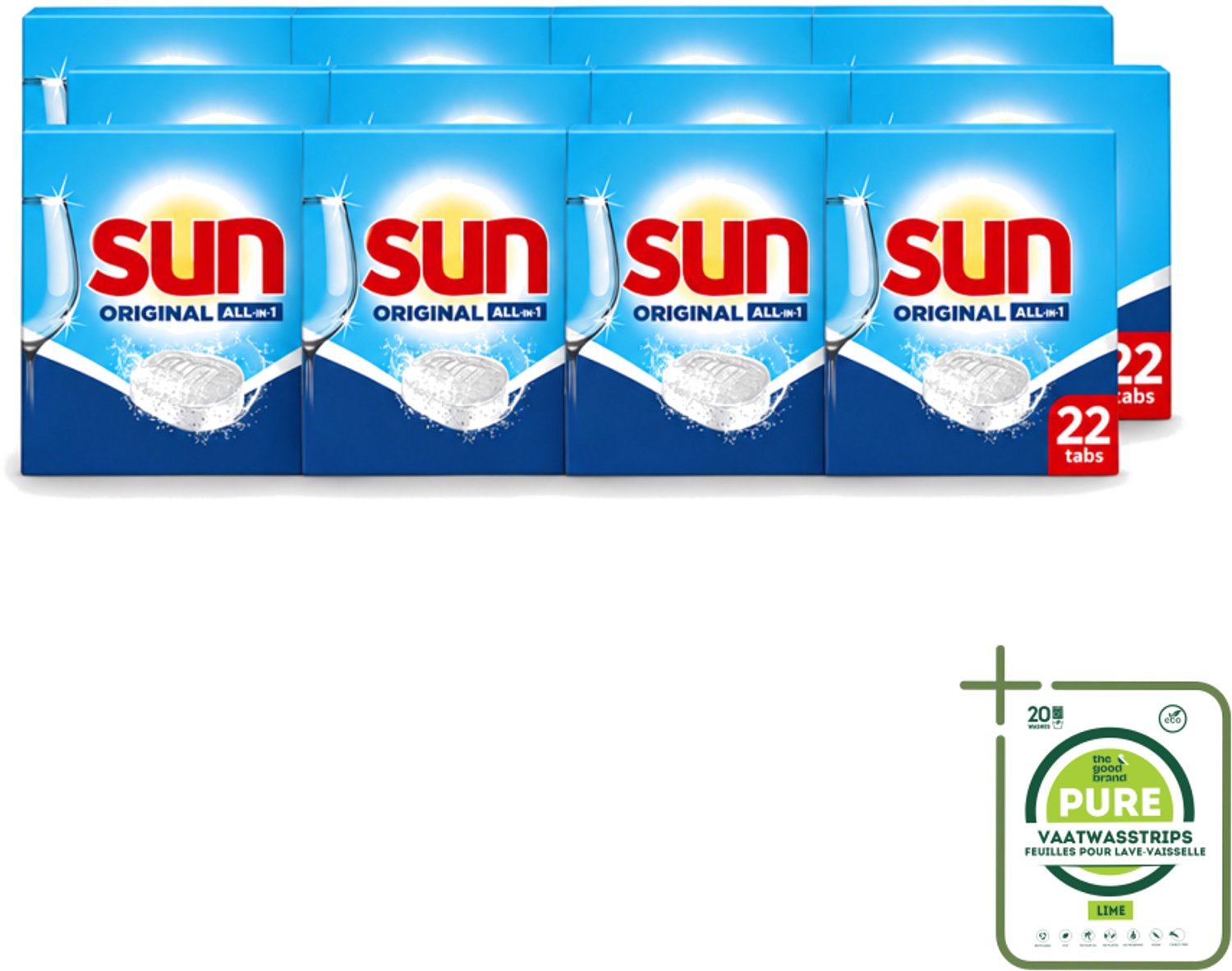 12 x Sun – Vaatwastabletten – All-in-1 Original – 22 tabletten - Grootverpakking - Vaatwasstrips - Vaatwastabletten - Vaatwassen - Reiniging - Glans - Spoelglans