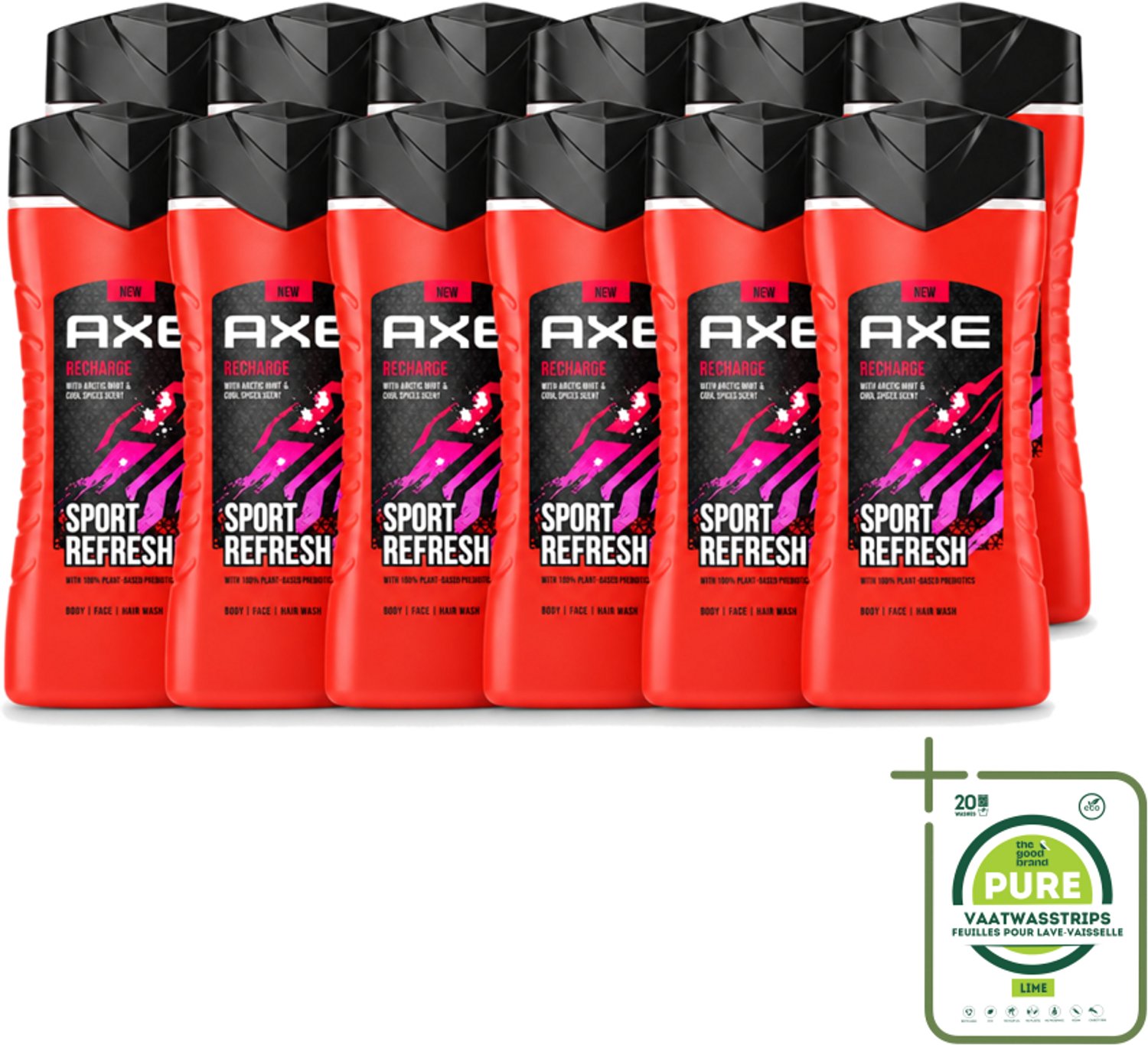 12 x AXE – Douchegel – Sport Refresh – 250 ml - Grootverpakking - Vaatwasstrips - Douchegel Sport - Verfrissende Douchegel - Menthol Douchegel - Sportieve Geur - Frisse Boost