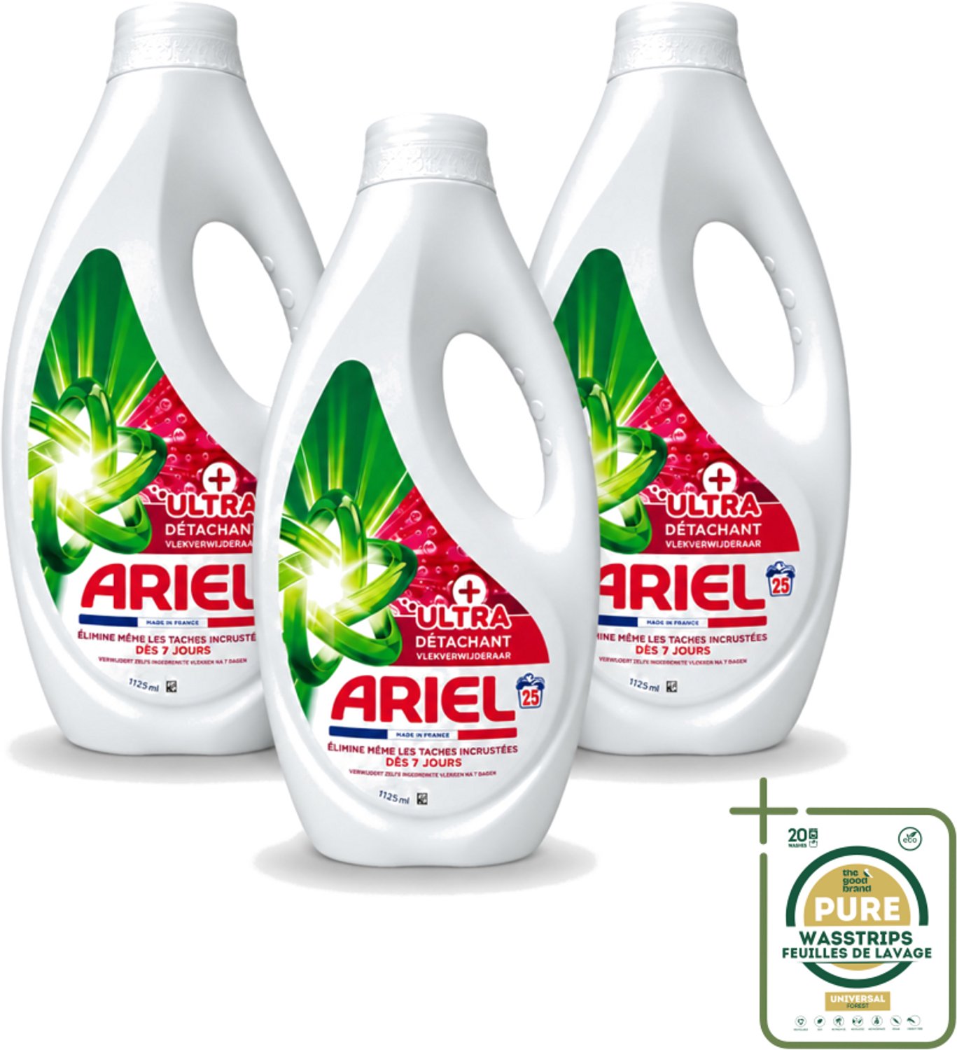 3 x Ariel – Vloeibaar Wasmiddel – Ultra Vlekverwijderaar – 1125 ml – 25 wasbeurten - Wasstrips - Vlekverwijderaar - Wasmiddel - Vloeibaar Wasmiddel - Krachtige Vlekverwijdering - Ingedroogde Vlekken