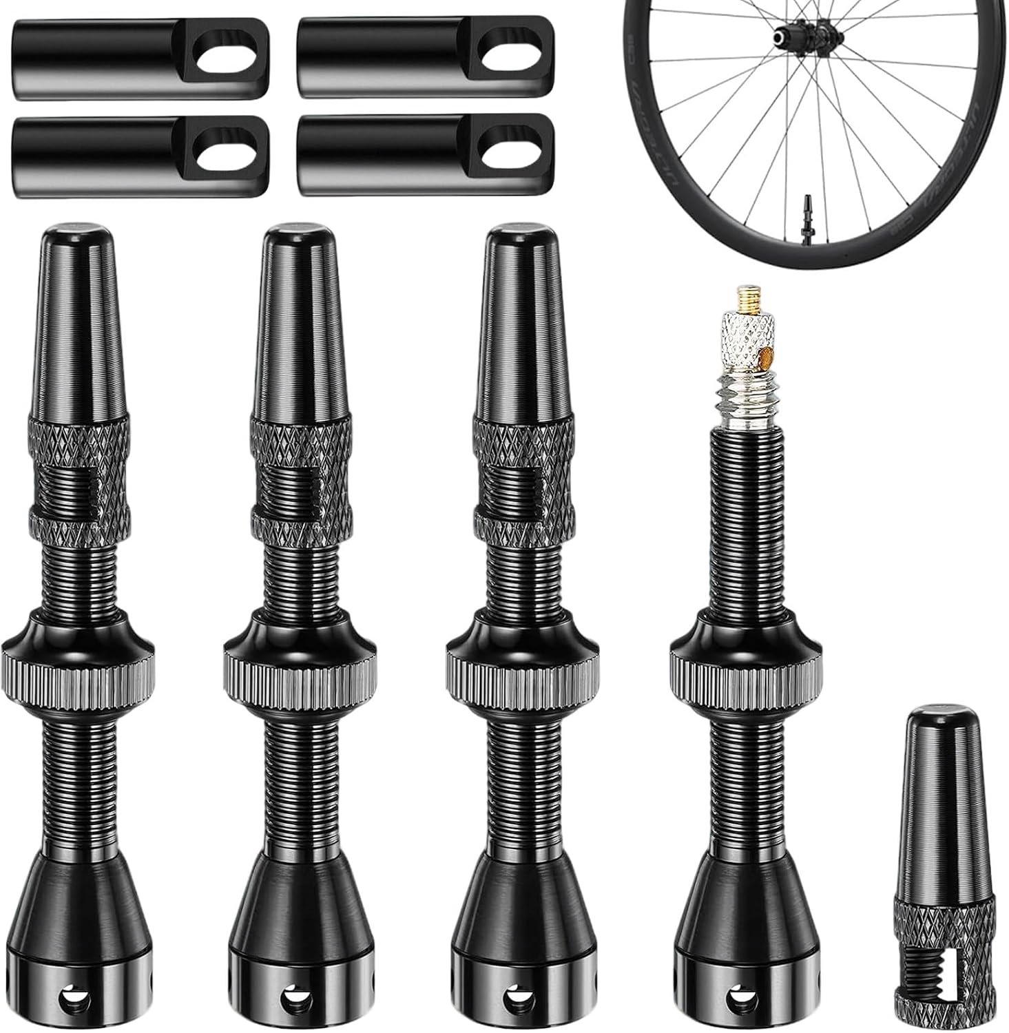 Tubeless ventielen 44mm - aluminium legering - 4 ventieldoppen - geschikt voor MTB en racefietsen - ShopVlot