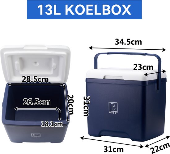 Brisby Koelbox - Frigobox - 13L- Blauw - Tot maximaal 40 uur isolatie - Incl. 2 dikke koelelementen van 450ml - Met koelelementen vergrendeld in deksel en Brisby 500ml Zwarte Dubbelwandige Thermosfles van Brisby — afbeelding 4