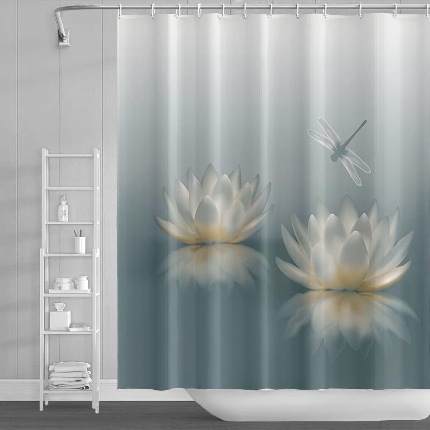 175 x 190cm Lotus Flower Shower Curtain Cute Dragonfly Zen Spa Bath Curtain Elegant Floral Spiritual Meditation Bath - ShopVlot