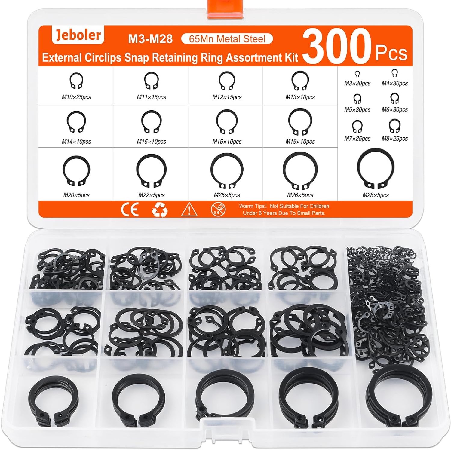 Set van 300 vergrendelringen Ø 3-28 mm - E-clips en C-clips - Hoogwaardige 65 Mn staal - Duurzaam en sterk - ShopVlot