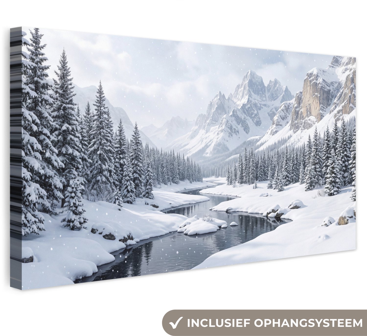 Canvas schilderij 40x20 cm - Exclusieve wanddecoratie Sneeuwlandschap - Bergen - Rivier - Winter - Muurdecoratie woonkamer - Slaapkamer decoratie - Kamer accessoires - Schilderijen op canvas