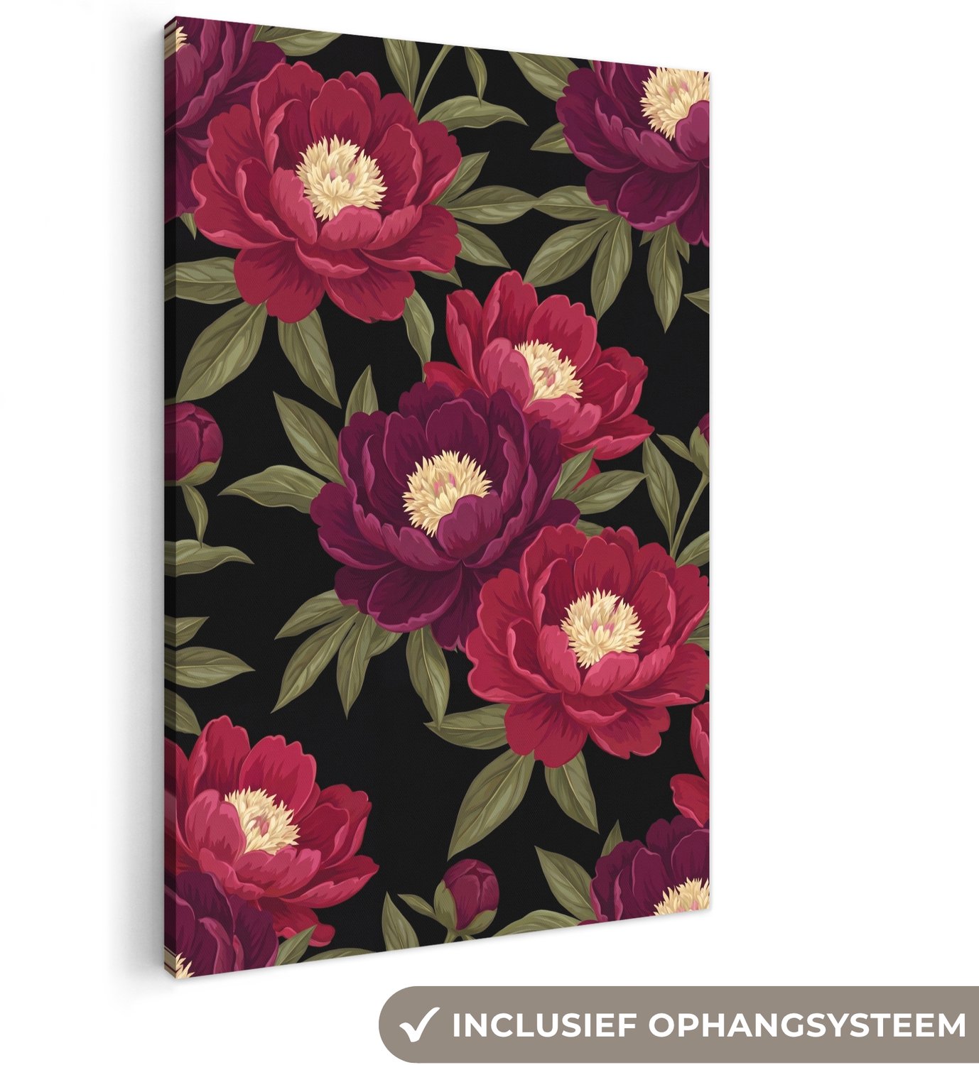 Canvas schilderij 100x150 cm - Exclusieve wanddecoratie Bloemen - Patroon - Botanisch - Rood - Zwart - Muurdecoratie woonkamer - Slaapkamer decoratie - Kamer accessoires - Schilderijen op canvas groot XXL