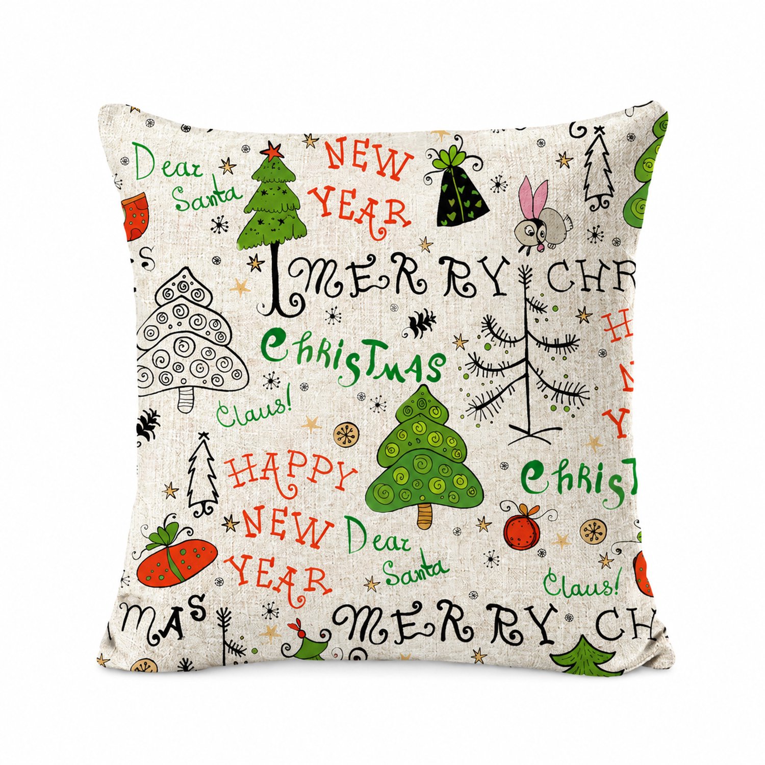 SWGOTA Kerstkussenhoes 45 x 45 cm van linnenmix met feestelijke print - zonder binnenkussen Beige