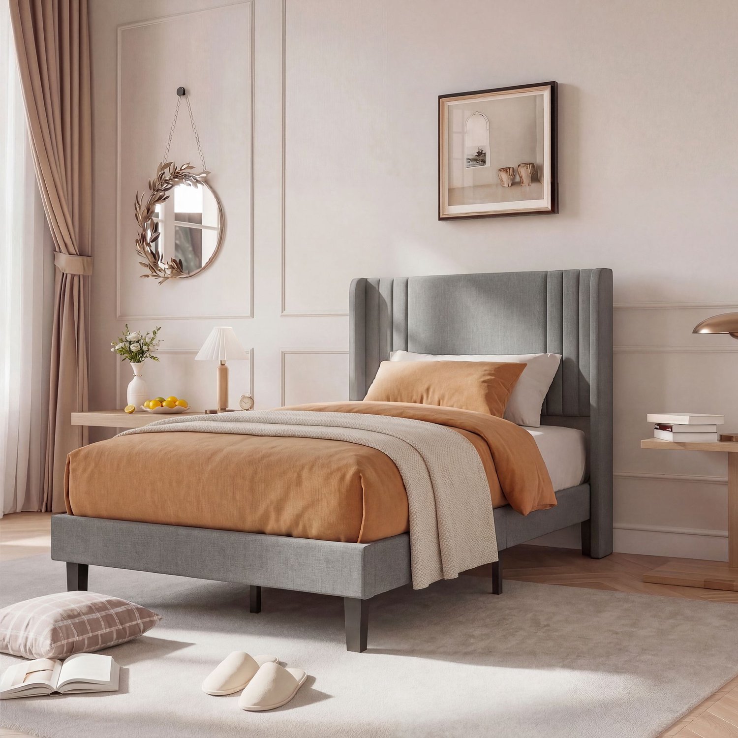 Mofor Eenpersoonsbed 90x200 cm met hoofdbord en opbergruimte - houten en metalen frame - linnen bekleding - grijs - modern design