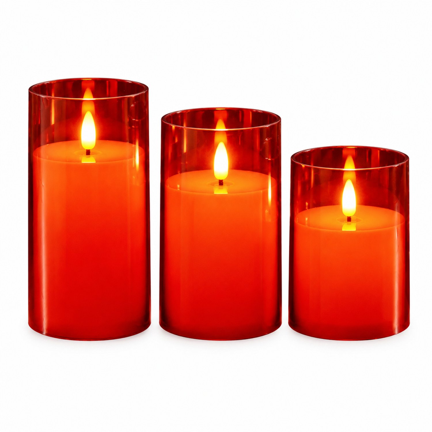 SWGOTA led kaarsen, set van 3, rood met transparante cilinderkap, diameter 7,8 cm, hoogtes 10/12,5/15 cm, warme sfeerverlichting